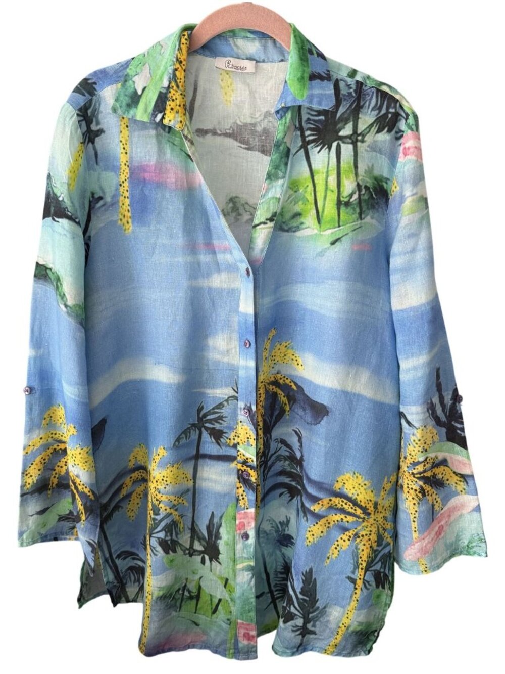 Princess Goes Hollywood Womens Linen Tropical Print Button-Up Shirt Medium Beach
